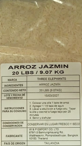Three Elephants Arroz Jazmin 20lb (9.07kg)