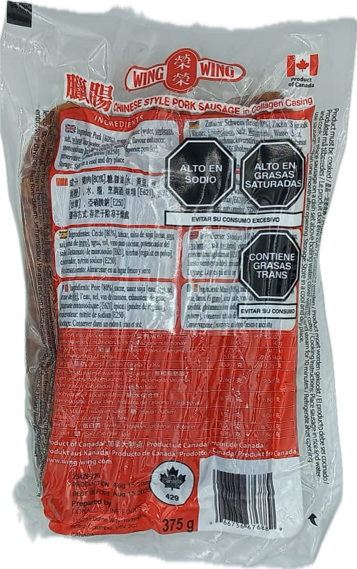 Salchicha china de cerdo curada x 375 gr Wing Wing