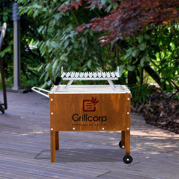 Caja China Junior Premium Caoba + Parrilla V Fija Niquelada 60x40x50 cm, Grillcorp