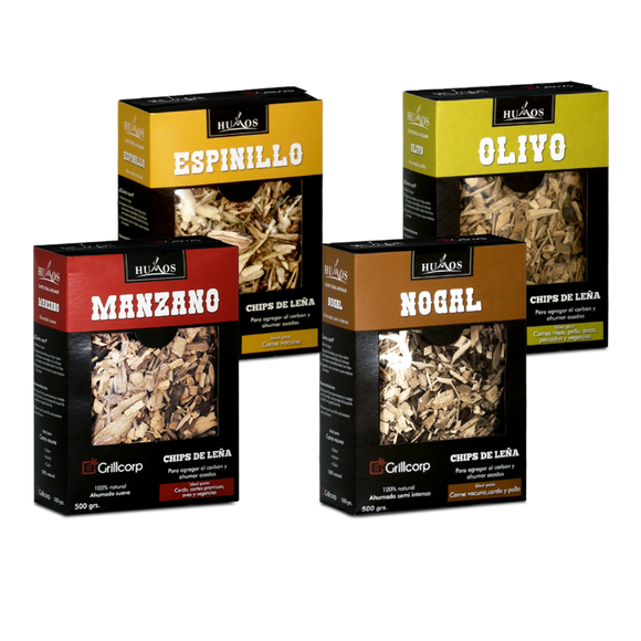 Astillas de leña x 500gr pqt (4 pqts: manzano, nogal, espinillo, olivo)